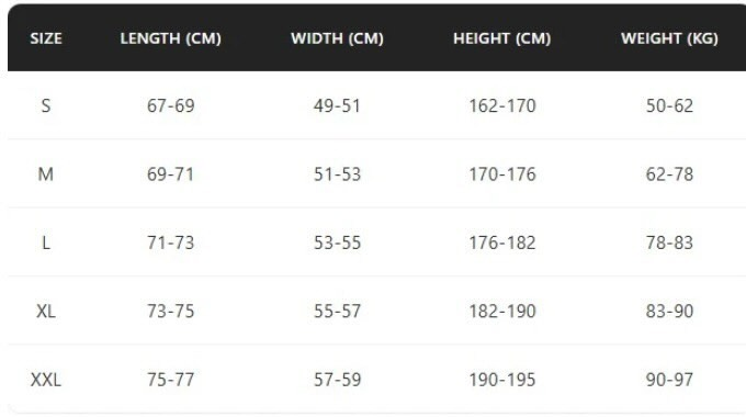 Size guide — length, width, height, and weight ranges by size (S–XXL)